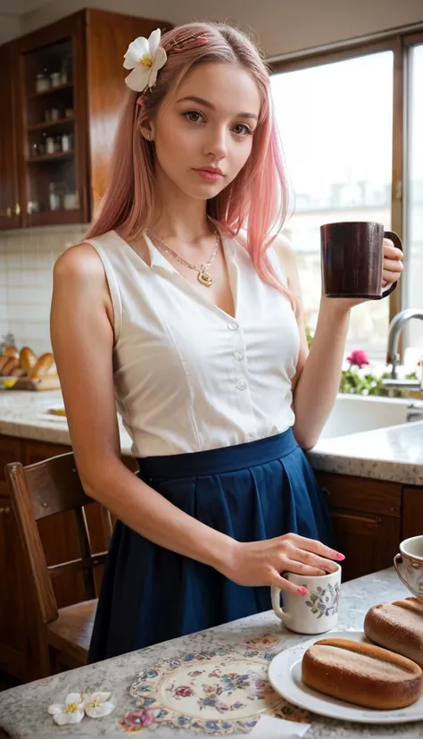 Stable_Yogis_PDXL_Positives
 general, 1girl, solo, long hair, looking at viewer, shirt, skirt, hair ornament, closed mouth, jewelry, brown eyes, white shirt, pink hair, flower, food, sleeveless, indoors, hair flower, necklace, nail polish, cup, blue skirt,...