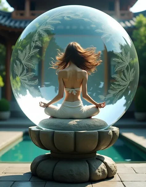 a huge glass sphere on a carved stone stand
the glass sphere is etched with a leaf pattern
in the center of the sphere is a woman meditating, she looks completely relaxed, her long loosely curled hair is floating behind her head as if she was in zero gravi...