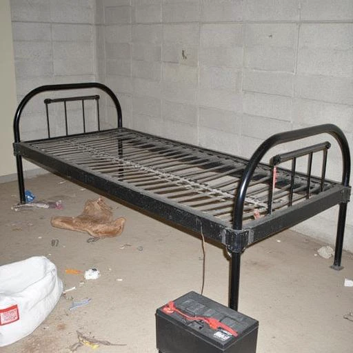 Bare iron bed, in a basement room with unpainted concrete block walls, garbage on the floor, discarded wet and dirty womens underwear scattered around the floor, a stainless-steel handcuff connected to each corner of the bed, 12v car battery in the floor n...