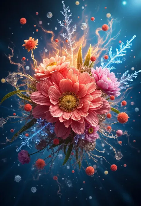 a flowers bouquet from ice and flames of fire, detailmaximizer