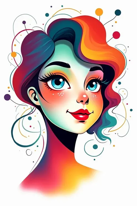 A vibrant digital illustration of a womans face dominates the composition, centered against a plain white background. Womans features are abstracted using a rich palette of colors including red, blue, green, yellow, purple, pink, orange, and turquoise. Ove...