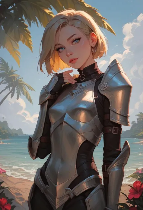 score_9, score_8_up, score_8_up, 1girl, cute 18yo girl, alone, blonde, blue eyes, short hair, armor, tropical beach, summer day, sunny day, hot, ocean, seductive, slender body, petite body, small breasts, gauntlets, leather pants, armored boots