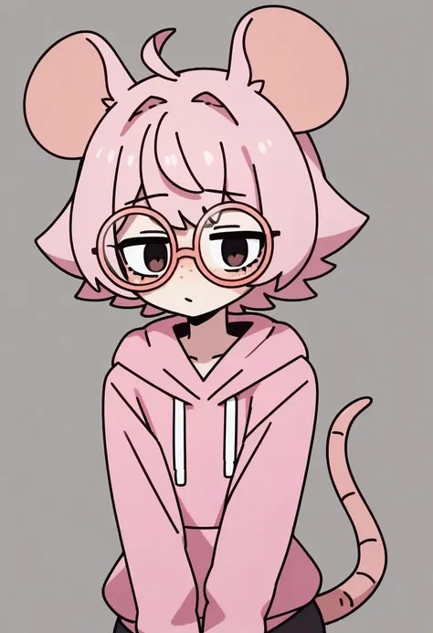 score_9, score_8_up, score_7_up, score_6_up, (solo), (short, short stature, adult), cute, adorable, (human, humanoid, rat ears, rat tail, rat nose, freckles, male, feminine male, femboy, feminine, curvy, flat chested), (pink hoodie, large round glasses), (...