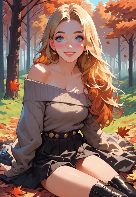 safe_pos, score_9, score_8_up, score_7_up, outdoor, forest, autumn, fall, 1girl, 24 year old, solo girl, long hair, blonde hair, blue eyes, medium breasts, blush, makeup, stylish, accessories, smile, cute, beautiful face, autumn leaves, autumn colors, off-...