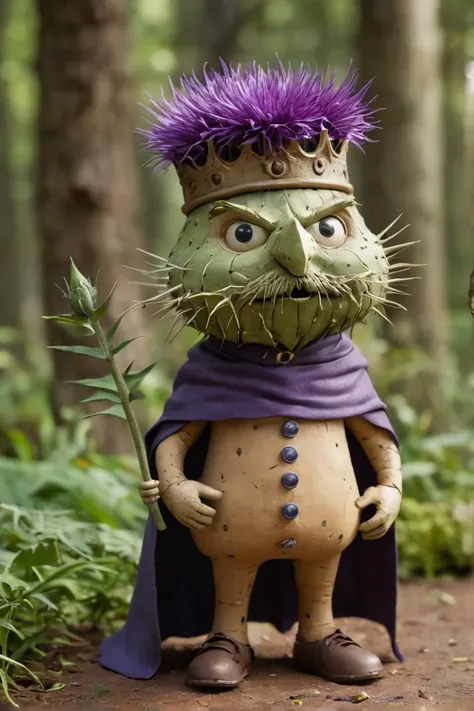 Annimation, in the style of the animated series [Over the Garden Wall], The Thistle King: "A prickly, thorny figure with a crown of thistles."