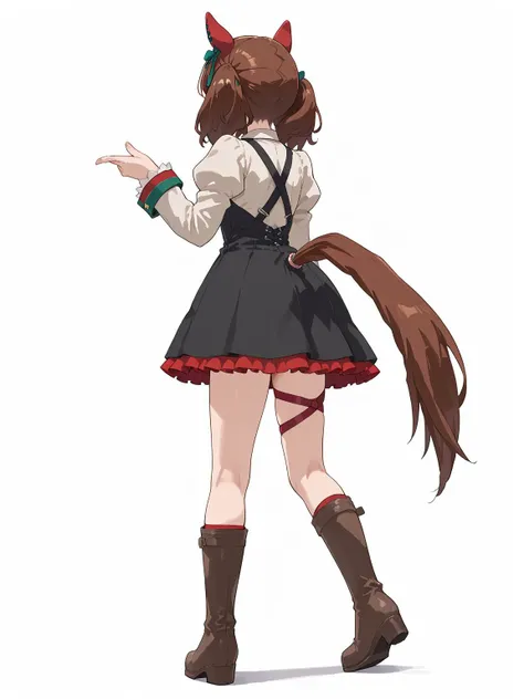 <lora:Nice_Nature_v0.1_Cibitai:0.6>,UMNN,brown hair,multicolored hair,brown eyes,horse ears,horse tail,UMNNSTD,ear covers,short twintails,hair bow,green bowtie,black dress,multicolored dress,puffy sleeves,long sleeves,red thigh strap,brown long boots,white...