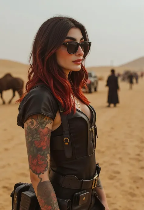 Goth woman, , dof , cinematic desert warrior, mad max star wars mashup