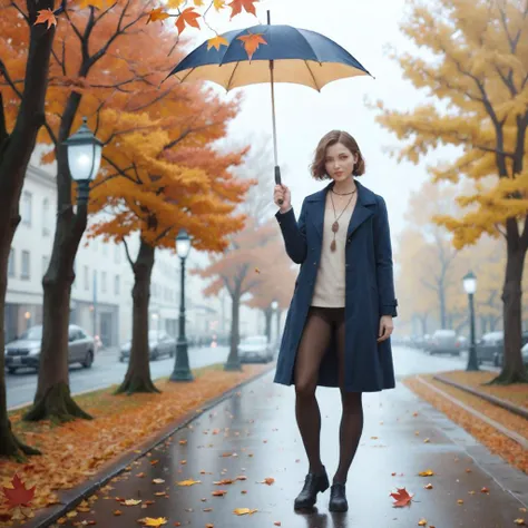 (This remarkable realistic photograph:1.2) presents a woman in blue is walking down a street in the fall leaves and trees with fallen leaves all around her and she is posing for a photo while holding an umbrella in the wind jacket with her hand behind her ...