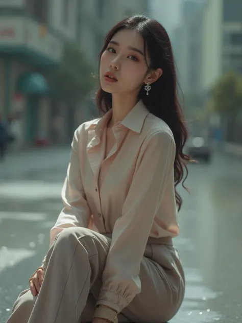 [17](ultra realistic,32k, masterpiece:1.2),(high detailed skin:1.1),(high quality:1.1), (masterpiece, best quality),Best quality, A 20-year-old elegant and sophisticated city Chinese woman is wearing a luxury silk blouse and high-waisted pants. beauy_ks01....