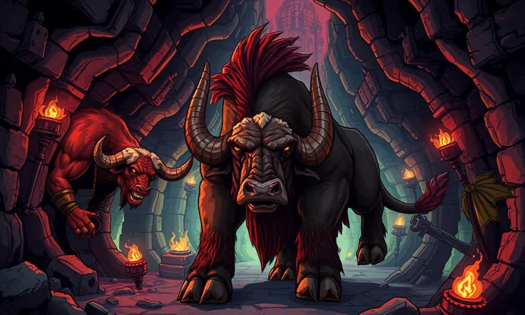 Glitchcore Art Style, retro game art pixel-art. In a medieval setting.
A hulking, cursed minotaur patrols the labyrinth beneath the ancient city, its bull-like head covered in scars and its bloodstained horns glinting in the torchlight. The beastâs deep,...