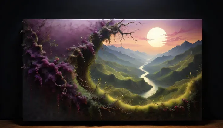 abstract vines lacework, aerial valley view, lush flourishing valley, moonlight influenced art, plum hues, tailored backsacks, harmonious clothing, vintage attire, inviting glow, modern edges, surreal piece, tranquil seascape painting, artwork by visionary...