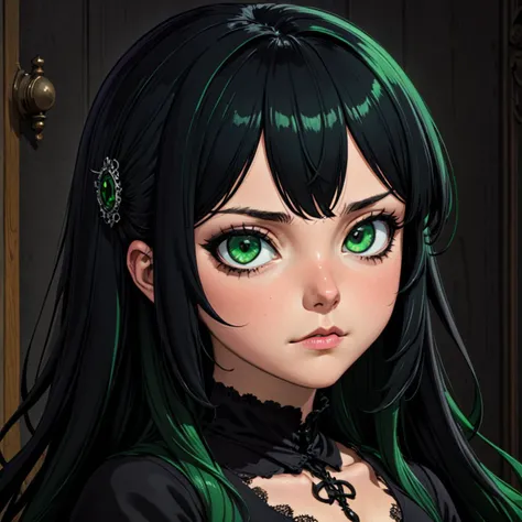 sdgen 1girl, green eyes, black hair, hime cut, goth, masterpiece, detailed, clear,  (sdgen_ti:0.9)