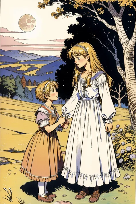 a cartoon picture of a girl and a girl standing in a field