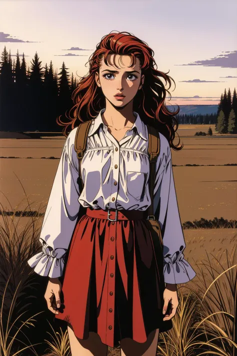 a woman in a skirt and shirt standing in a field