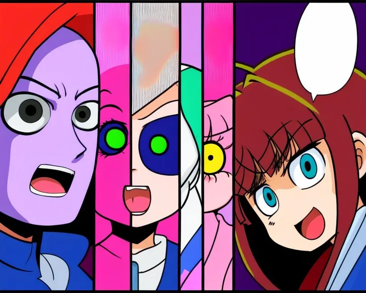 perceptive_brats, <lora:perceptive_brats:0.7> 3boys, :d, angry, bangs, speech bubble, comic, male focus, (anime_coloring:1.3)