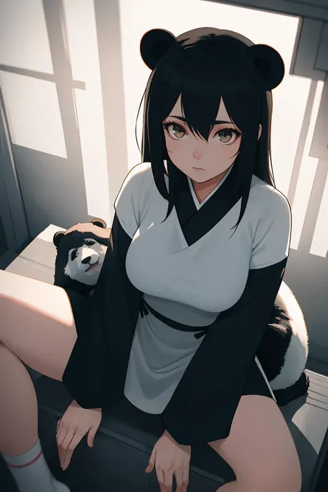 anime girl with black hair and white shirt sitting on a bed