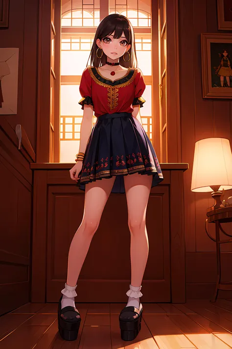 anime girl in a red shirt and blue skirt standing in a room