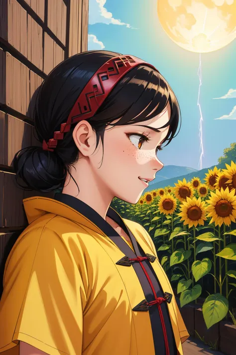 a woman in a yellow shirt standing in front of a sunflower field