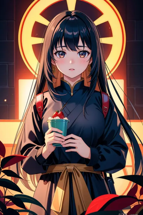 a woman in a black robe holding a cup of coffee