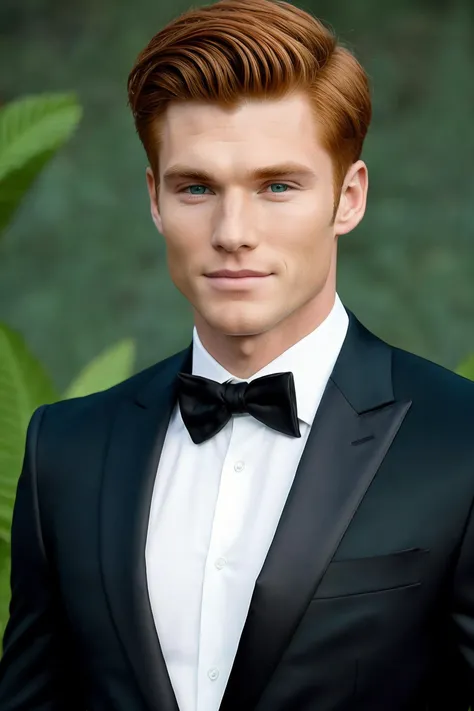 young man wearing formal black suit, [scott eastwood: adelaideKane: 0.6], ginger hair, athletic body, symmetrical green eyes,
mid-twenty, high detailed skin, 
upper body, HD, solid background, realistic, proportionate body, RAW Photo, 
<lora:breastsizeslid...