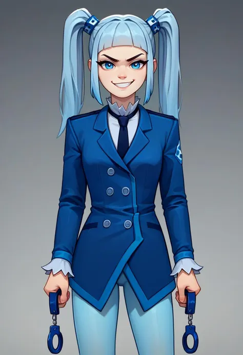 a cartoon image of a woman in a blue suit and tie