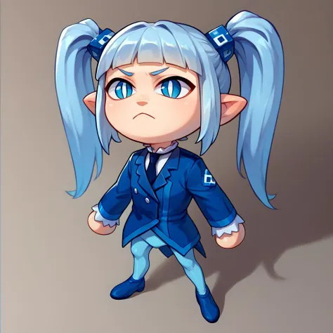 anime character with blue hair and a ponytail in a blue suit