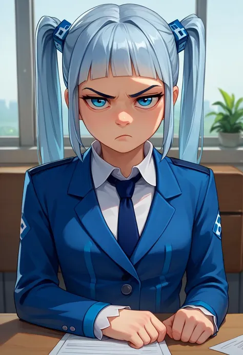 anime girl with blue hair and ponytail sitting at a desk