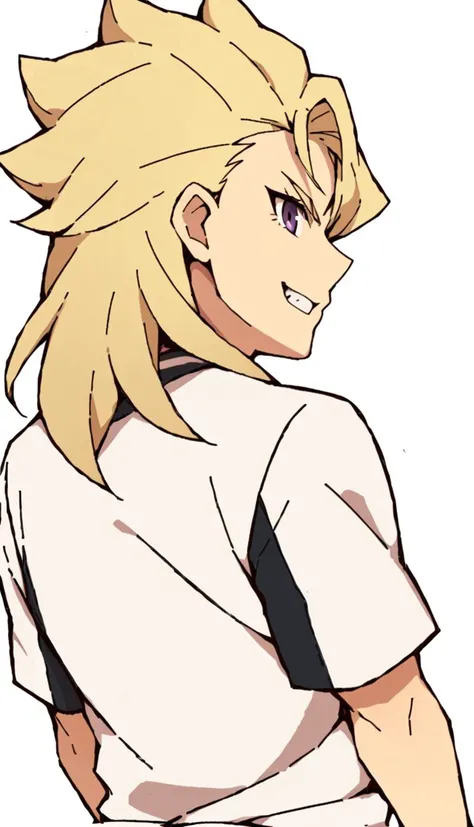 score_9, score_8_up, score_7_up, score_6_up, score_5_up, score_4_up, BREAK source_anime, 1boy, rolan lazarev, long hair, blonde hair, purple eyes, white shirt, white shorts, from behind, leaning back, looking at viewer, evil grin, <lora:Rolan_Lazarev:0.8>