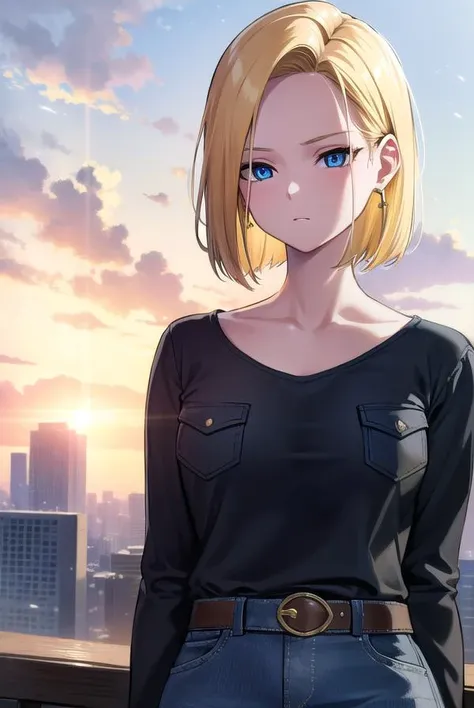 a woman with blonde hair and blue eyes standing in front of a city