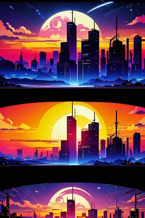 Best quality,masterpiece,ultra high res,<lora:vaporwave:0.7>,
silhouette, sky, star (sky), scenery, moon, starry sky, shooting star, no humans, outdoors, building, night, city, cityscape, sunset