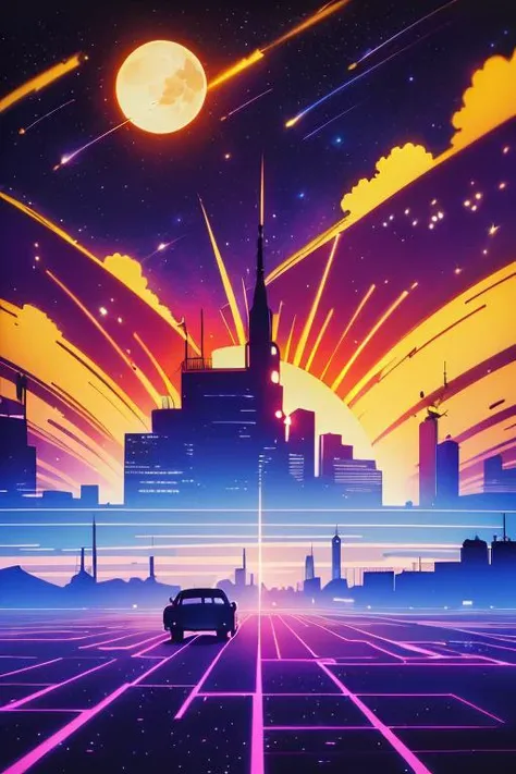 Best quality,masterpiece,ultra high res,<lora:vaporwave:0.7>,
silhouette,sky,star (sky),scenery,moon,starry sky,shooting star,no humans,outdoors,building,night,city,cityscape,sunset,