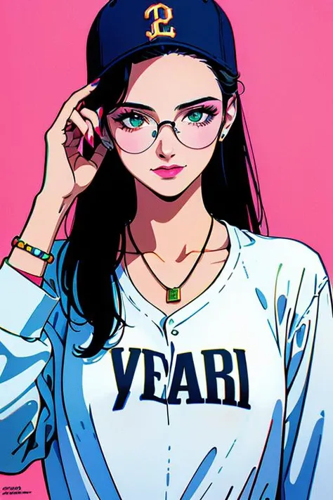 Best quality,masterpiece,ultra high res,<lora:vaporwave:0.7>,
1girl, solo, hat, jewelry, green eyes, ring, long hair, black hair, sunglasses, necklace, chromatic aberration, baseball cap, pink background, white shirt, shirt, looking at viewer, upper body, ...