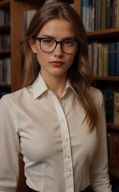 a 23 year old Norwegian librarian stands between bookshelves,looking at the viewer seductively,white button up shirt,black skirt,reading glasses, Ultra-HD-details, RAW candid cinema, 16mm, color graded portra 400 film, remarkable color, ultra realistic, te...