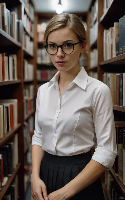 a 23 year old Norwegian librarian stands between bookshelves,looking at the viewer seductively,white button up shirt,black skirt,reading glasses,Ultra-HD-details,RAW candid cinema,16mm,color graded portra 400 film,remarkable color,ultra realistic,textured ...