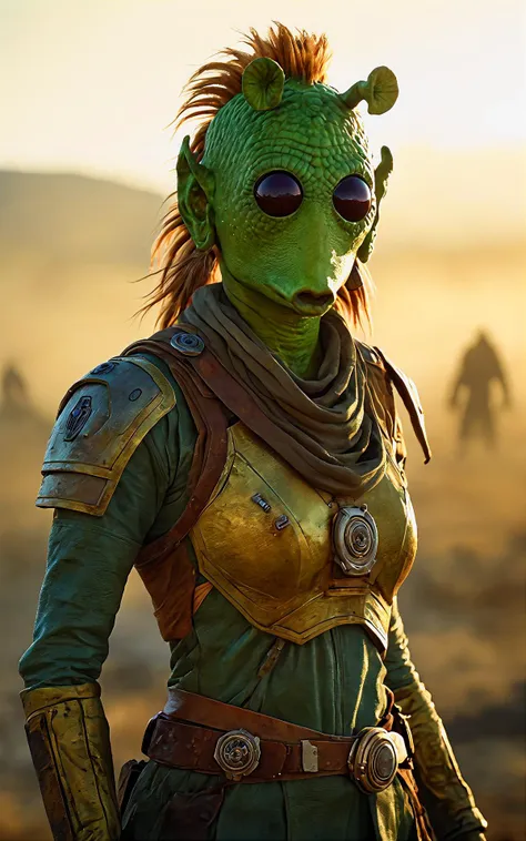 a close up of a person with a green alien face