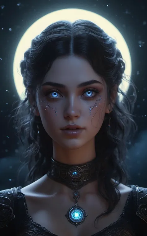 Gothic style (blacklight:1.1),1woman,fibonacci spiral,mystical lights,volumetric fog,beautiful perfect face,thigh-highs,gothic,detailed moon,light particles,night,starry sky,((8k, illustration, highest quality, best quality, masterpiece, ultra-detailed, fi...