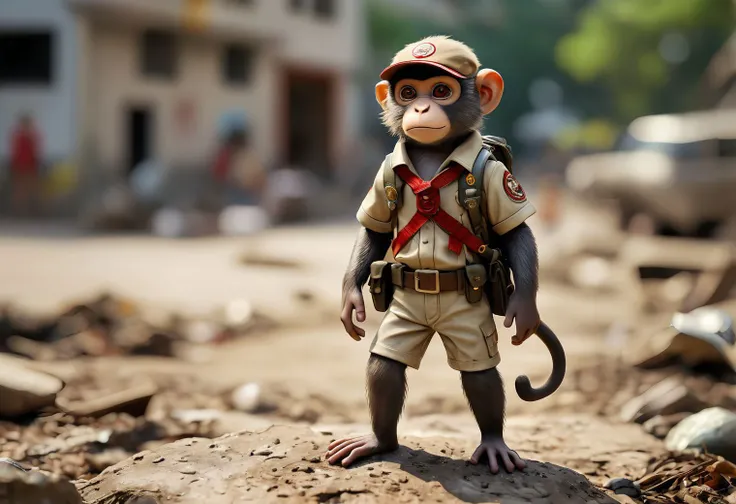 monkey (scout outfit:1.3) A very dirty and littered place., midday lighting (off-center full body photograph:1.2) detailed background depth of field <lora:detailed_notrigger:1>