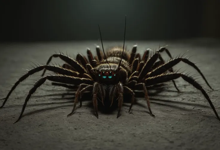 a close up of a spider with glowing eyes on a floor