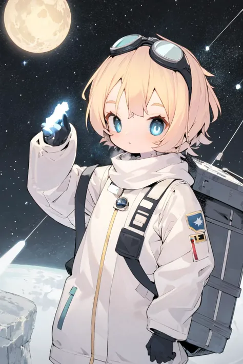 <lora:nep:1>space, solo, 1boy, goggles, spacesuit, scarf, glowing, gloves, sky, jacket, bangs, planet, baggy clothes, goggles on head, blonde hair, male focus, blue eyes, yellow scarf, bright pupils, star (sky), bomber jacket, star (symbol), looking at vie...