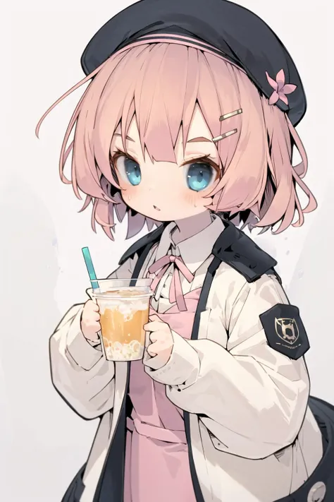 <lora:nep:1>1girl, solo, blue eyes, hair ornament, hat, dress, holding, cup, hairclip, drinking straw, white background, holding cup, pink dress, blush, flower, bangs, brown hair, long sleeves, beret, parted lips, eyebrows visible through hair, ribbon, loo...