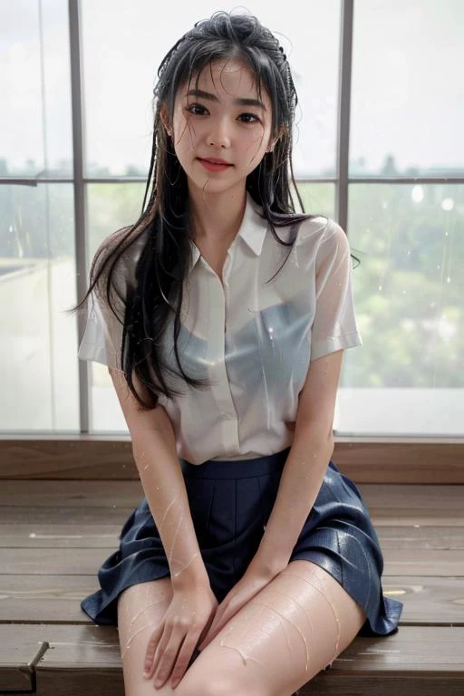 a close up of a woman sitting on a wooden bench