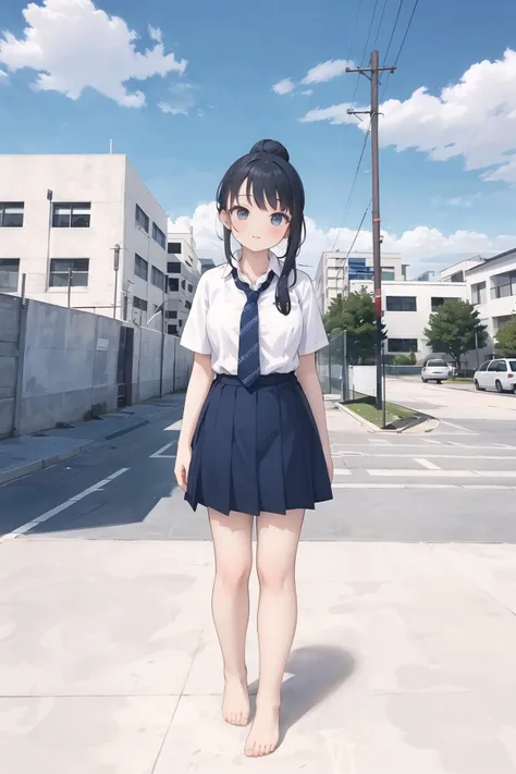 there is a woman in a school uniform standing on a sidewalk