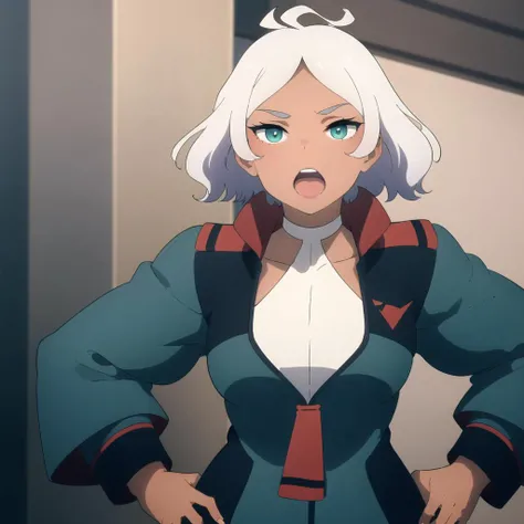 <lora:Secelia:0.8> secelia, 1girl, solo, looking_at_viewer, open_mouth, school_uniform, jacket, upper_body, ahoge, dark-skinned_female, parody, hands_on_hips, green_jacket, asticassia_school_uniform