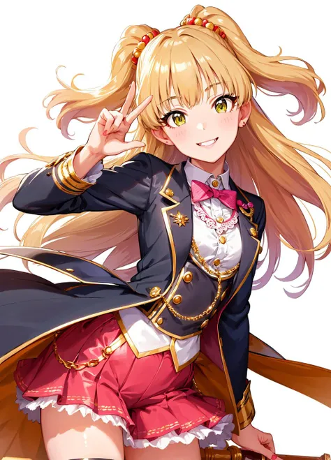 (best quality, masterpiece:1.2), ultra detailed face, 1girl, <lora:jougasaki_rika_v1:0.7>, jougasaki rika, long hair, two side up, hair bobbles, small breasts, smile, closed mouth, pink lips, 
simple white background, looking at viewer, 
idol clothes, tail...