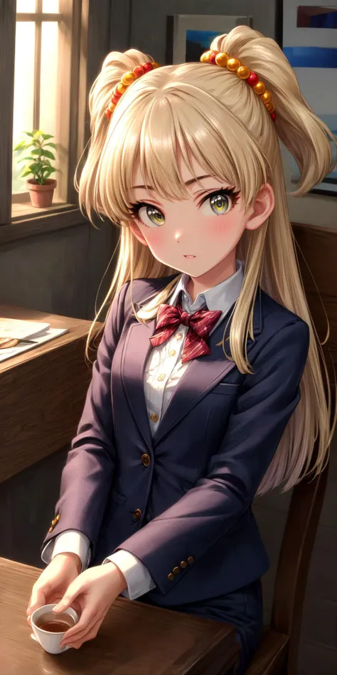 anime girl with ponytail sitting at a table with a cup of coffee