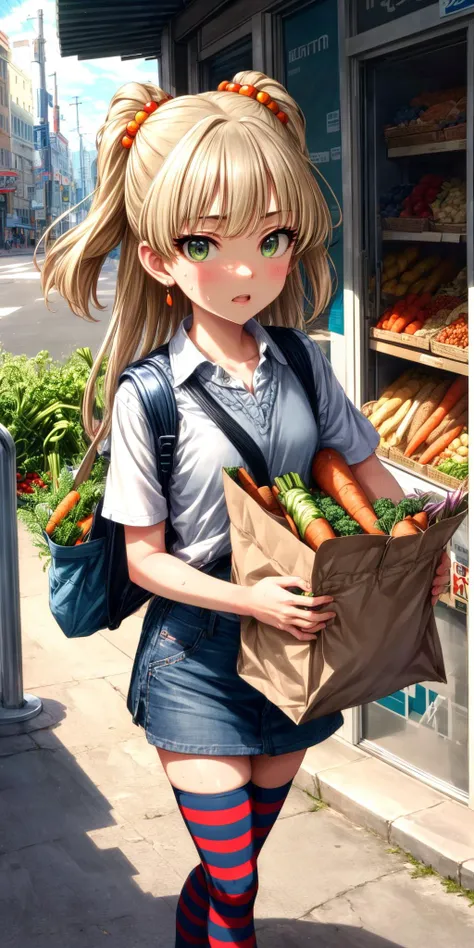 anime girl with a bag of vegetables walking down the street