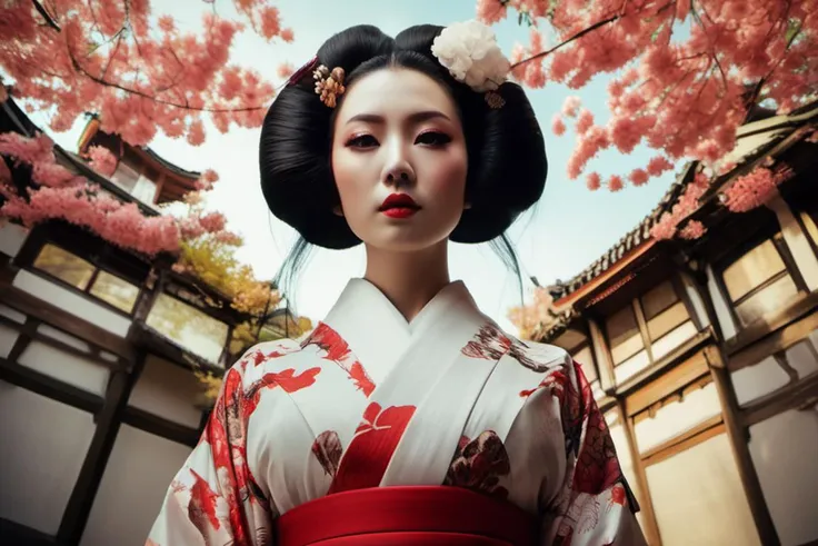 ecstasize elusive tall (geisha) female, an artistic abstraction in the realm of hairstyling, okiya, fish-eye lens, (cinematic st...