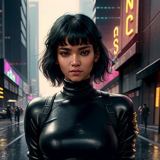 sofiaboutella a photo of a woman on a car, wearing a turtleneck, rain on the street below, harsh neon lights, highly detailed, cyberpunk, digital illustration, trending in artstation, trending in pinterest Authority by WLOP and RossDraws