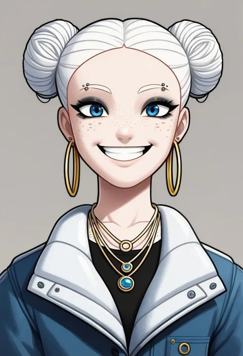 a cartoon image of a woman with white hair and blue eyes