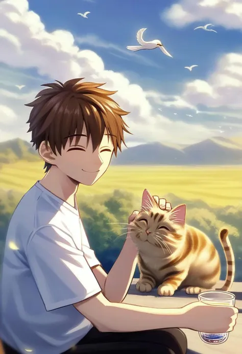 anime boy sitting at a table with a cat and a glass of water